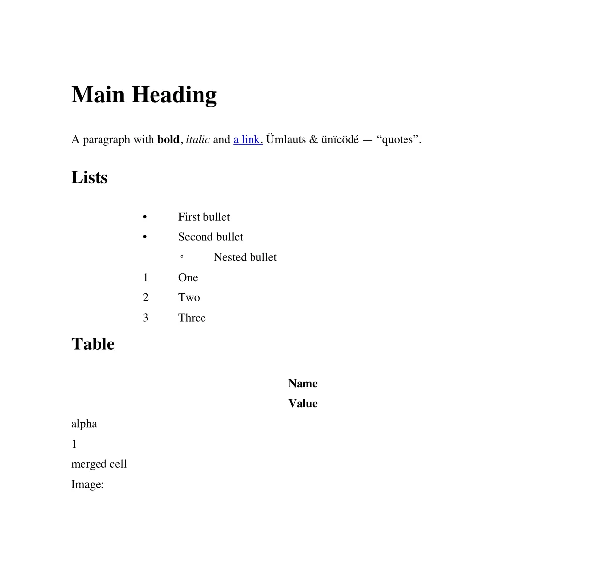 textutil-lists.docx rendered by docboss: a heading, a paragraph with bold, italic and a blue link, bulleted and numbered lists and a table