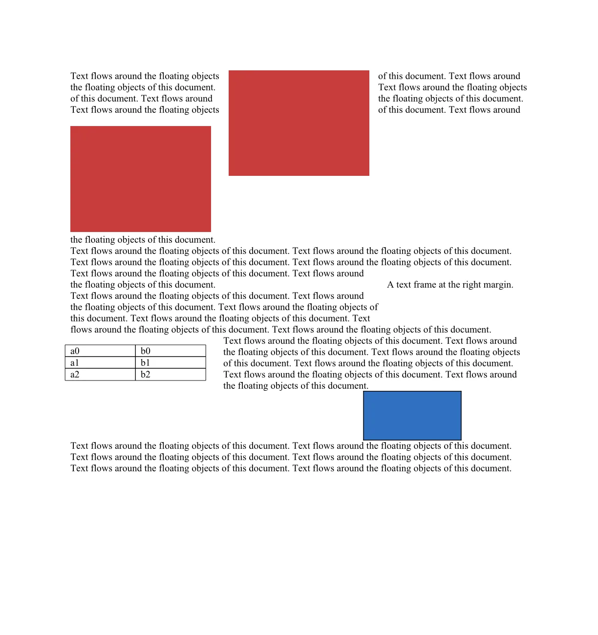 wrap.docx rendered by docboss: paragraphs of text flowing around two red pictures, a text frame at the right margin, a small floating table and a blue shape